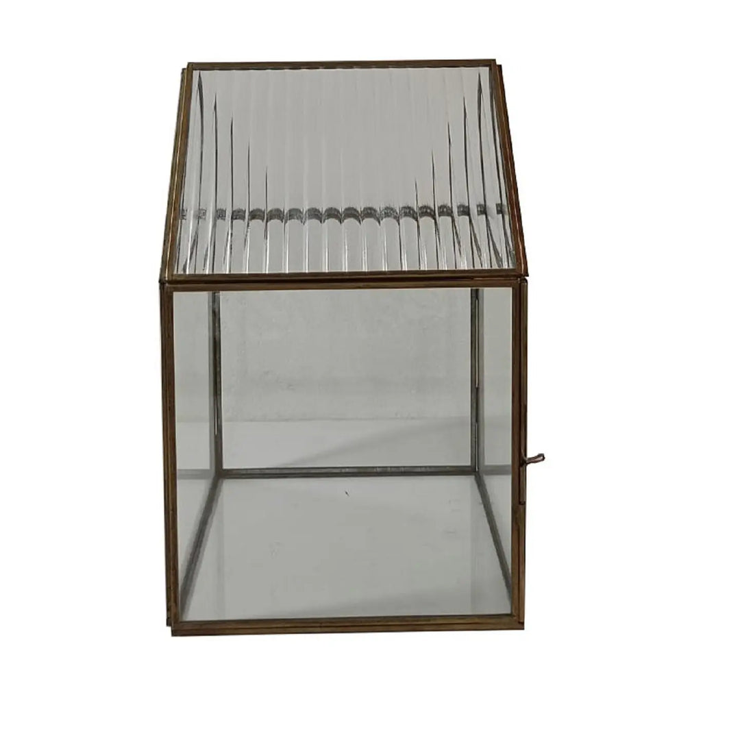Glass display case with metal frame on a white background