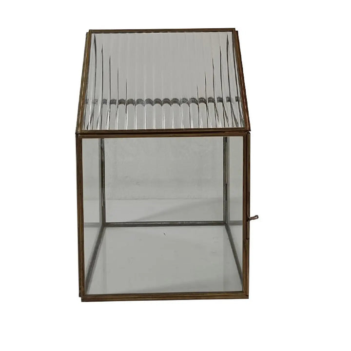Glass display case with metal frame on a white background