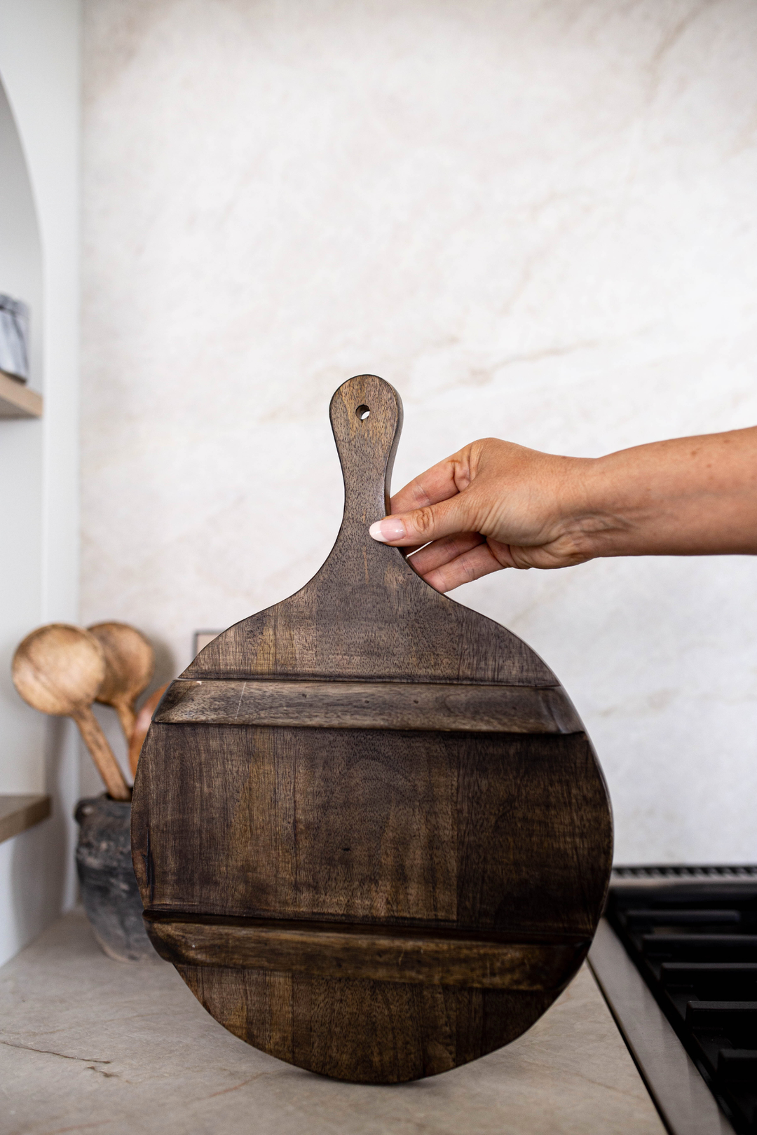dark wooden platter / board bottom with raised stripes for setting