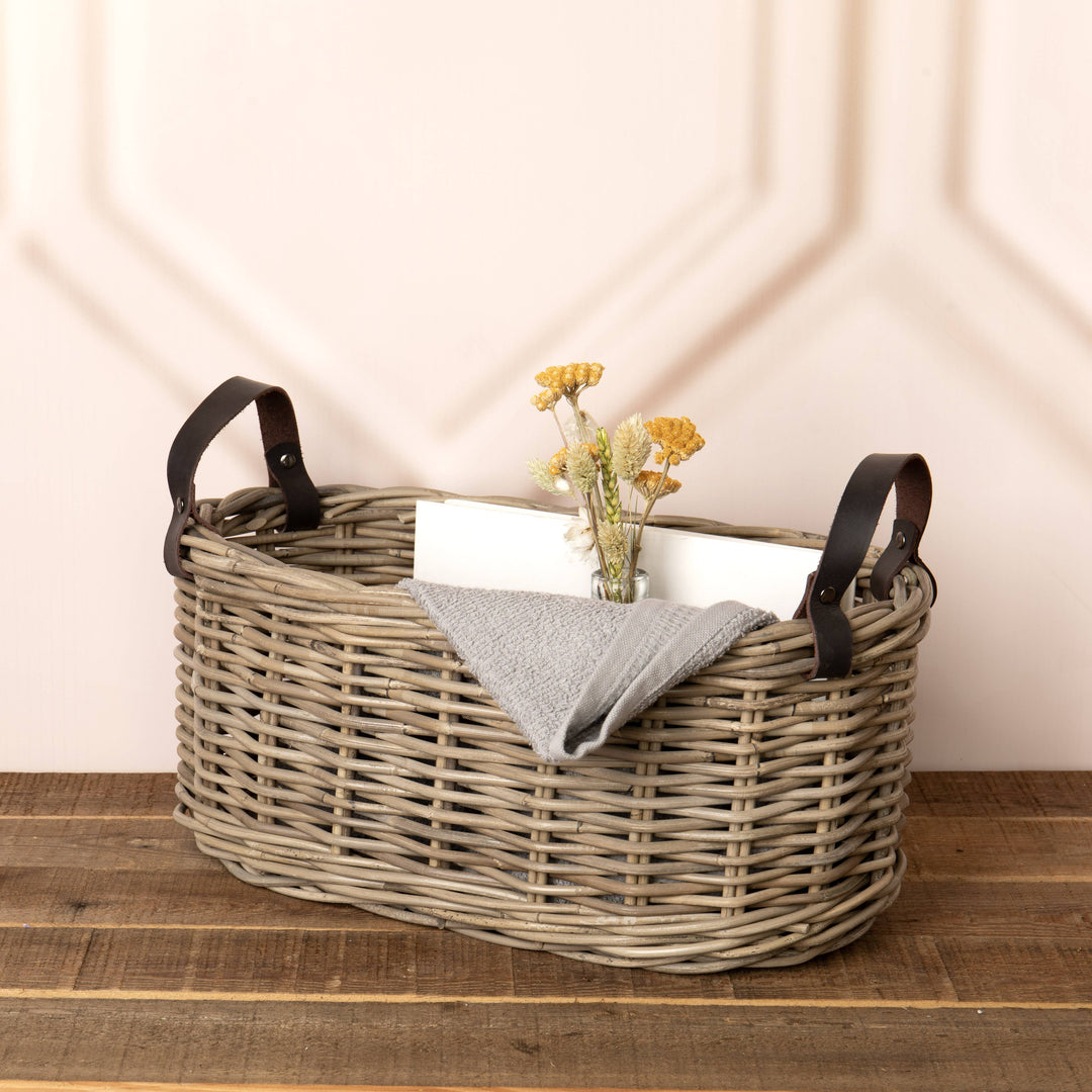 Oval Rattan Basket with Leather Handles