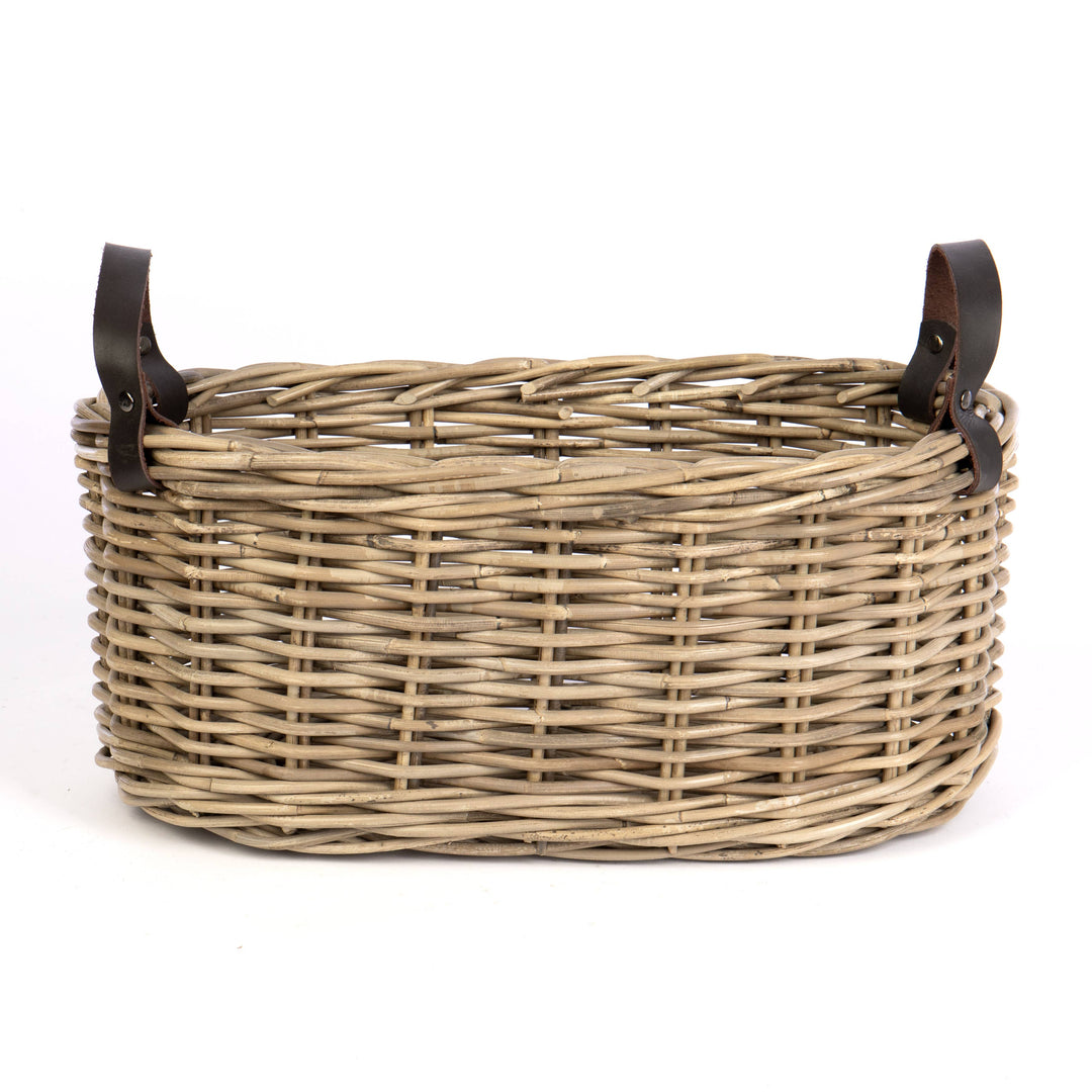 Oval Rattan Basket with Leather Handles