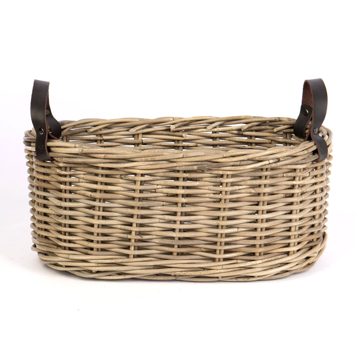 Oval Rattan Basket with Leather Handles