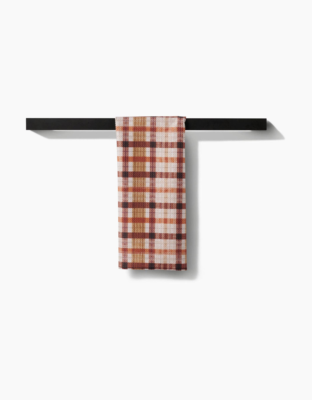 fall plaid tea towel with burnt orange, brown, and burgundy