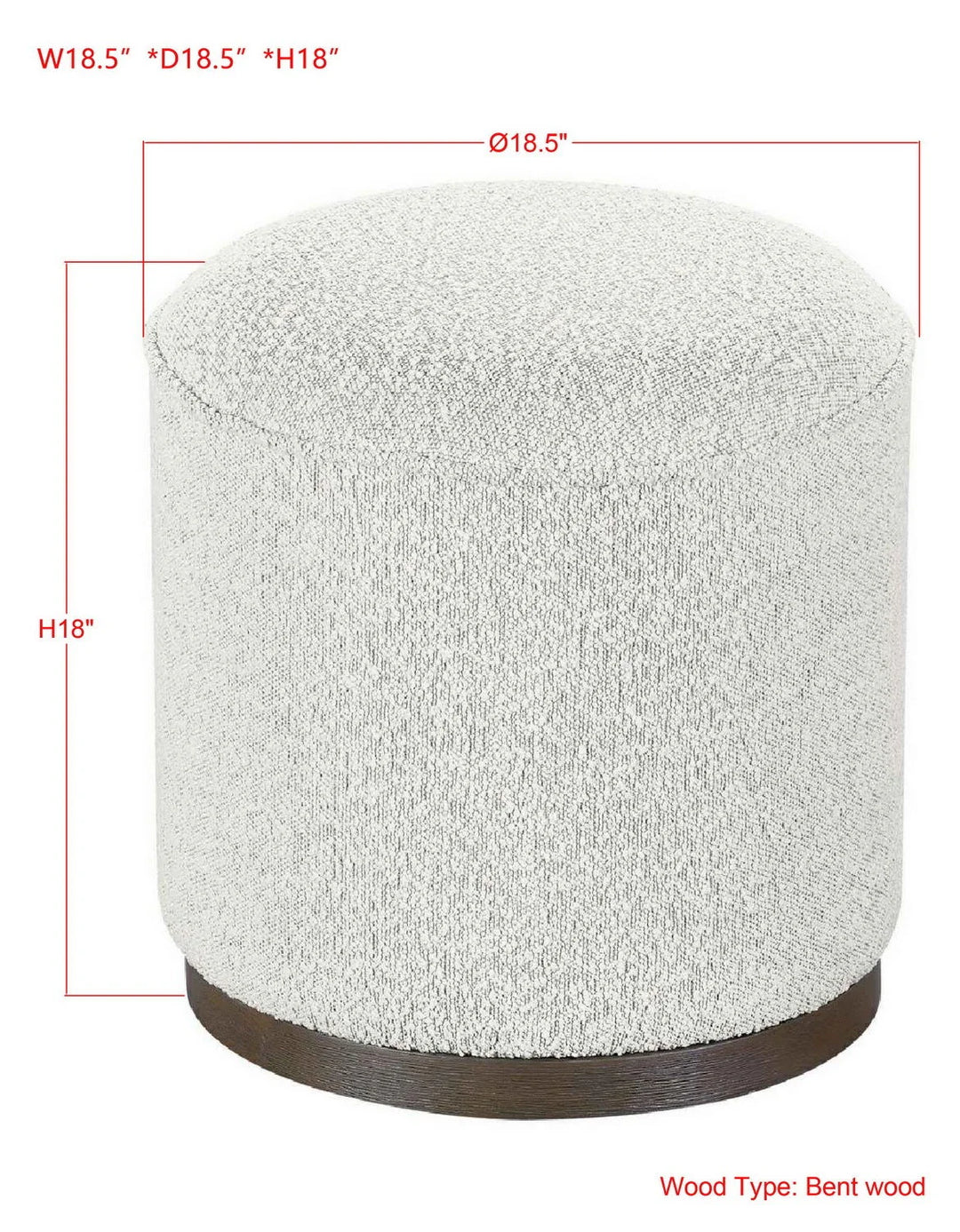 Round ottoman with dimensions and wood type label on a white background