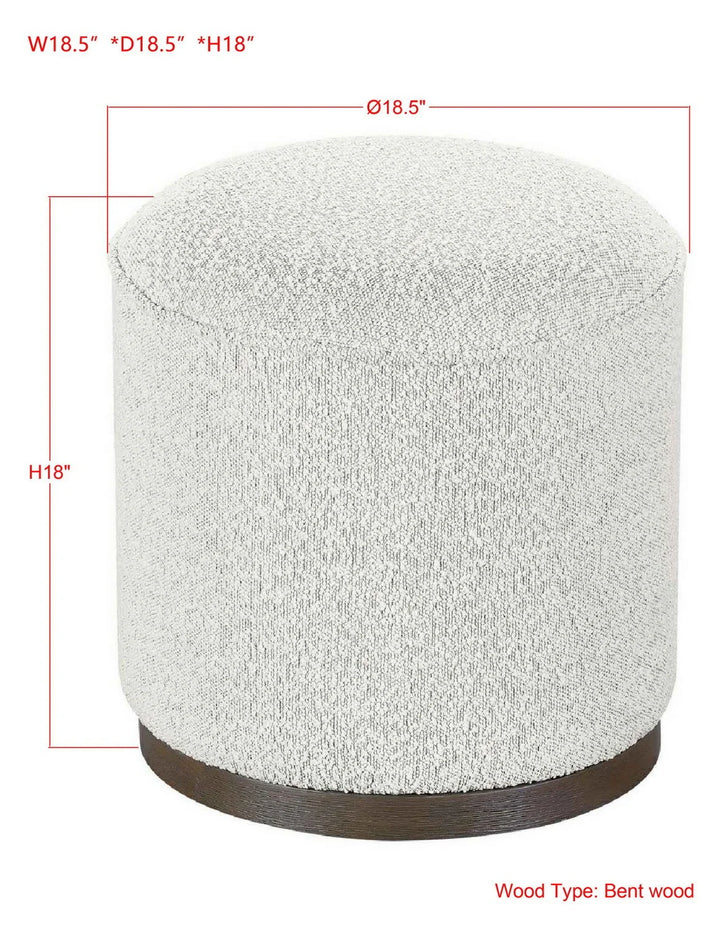Round ottoman with dimensions and wood type label on a white background