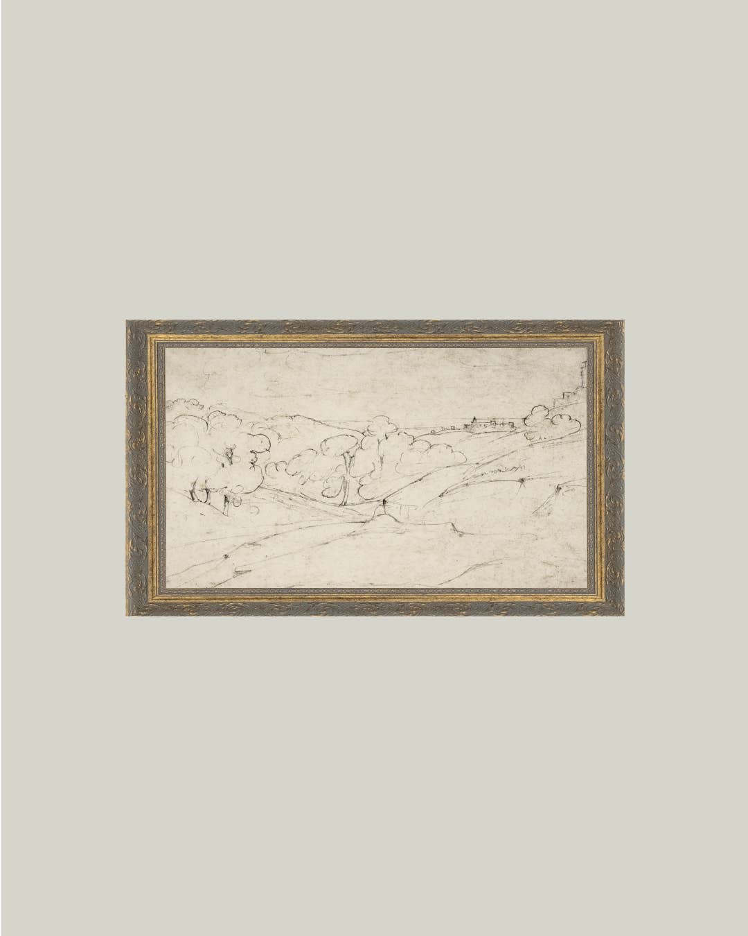 Framed rolling hills sketch on a light gray wall