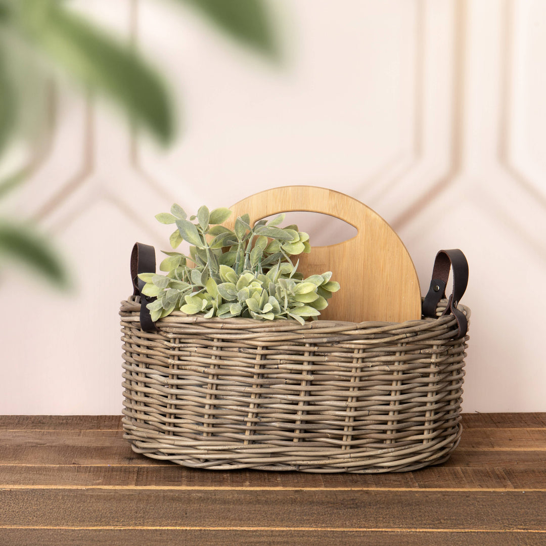 Oval Rattan Basket with Leather Handles