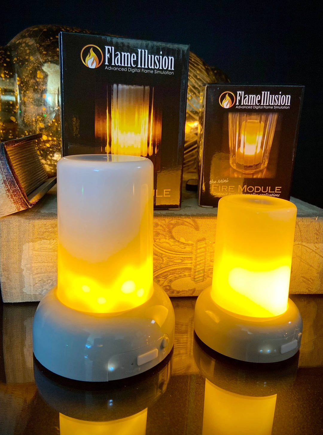 Two illuminated flame modules 