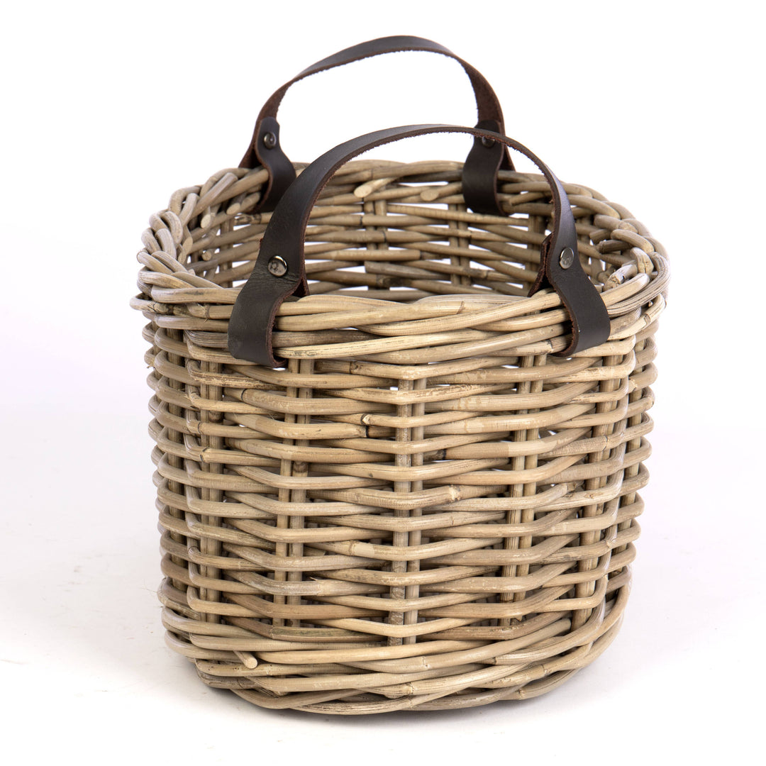Oval Rattan Basket with Leather Handles