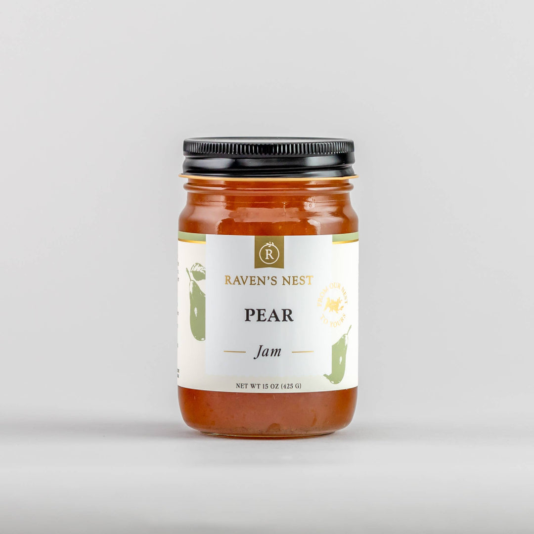 Jar of Raven's Nest Pear Jam on a light gray background