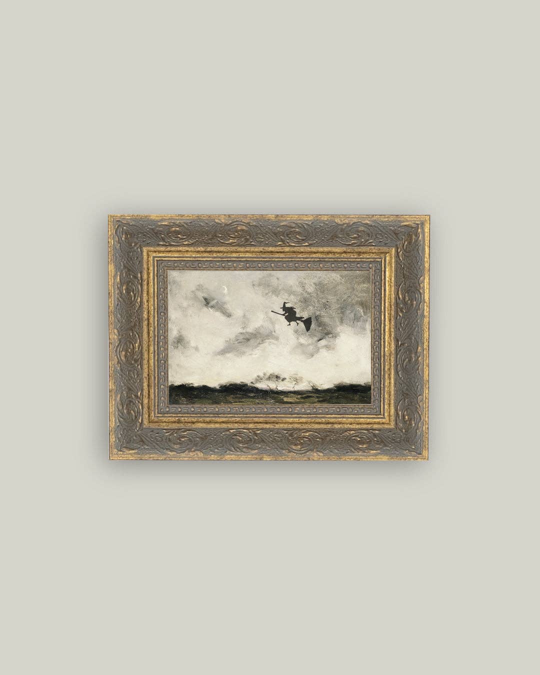 Witch Flying Through The Night Framed Antique Art: 5x7