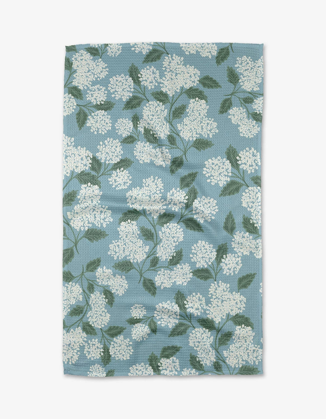 Floral patterned geometry towel with white flowers and green leaves on a blue background