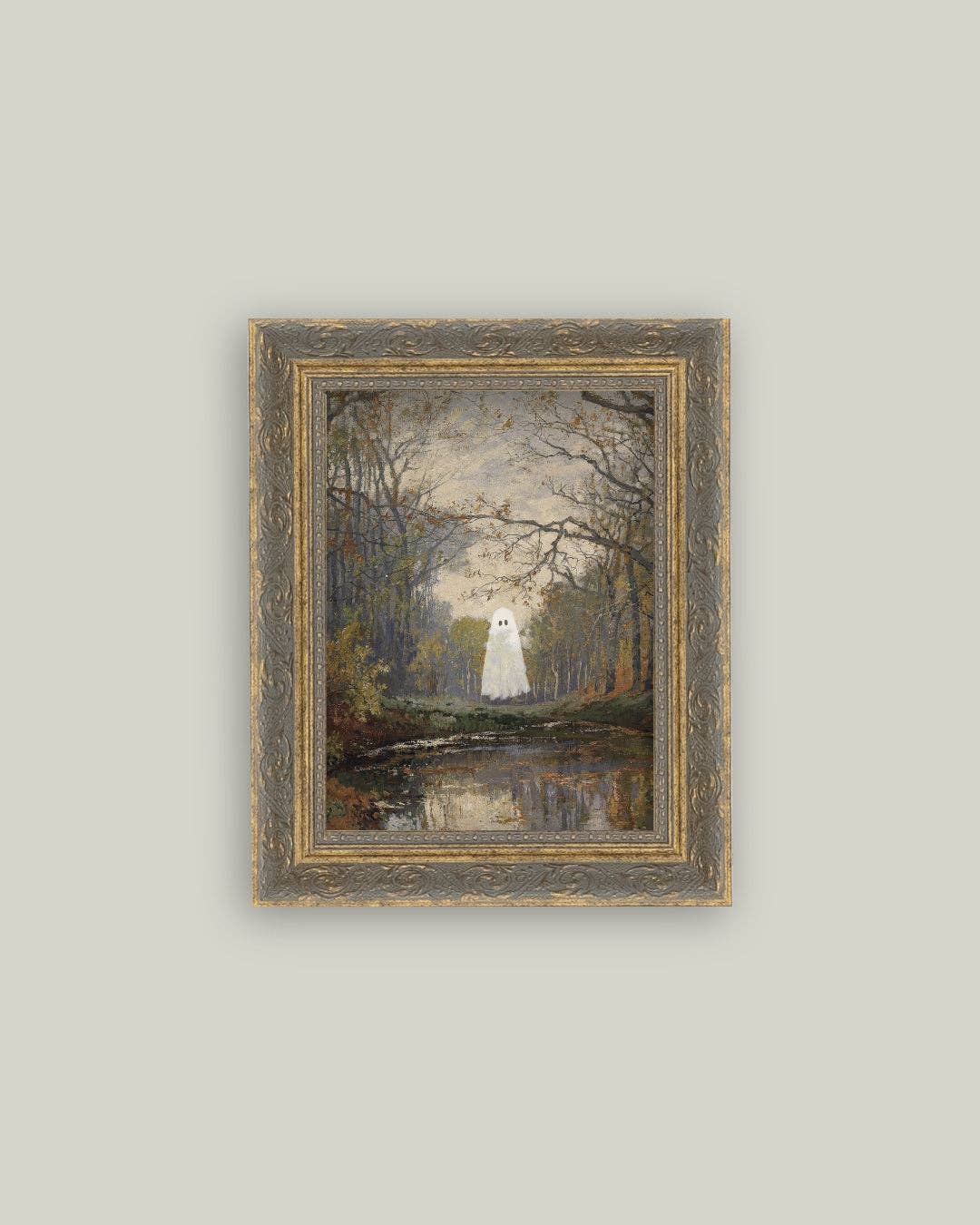 Framed painting of a ghostly figure in a forest setting on a light gray wall.
