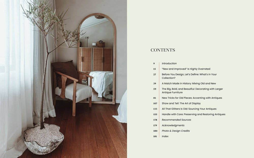 Room interior with wooden furniture and a mirror, alongside a table of contents.