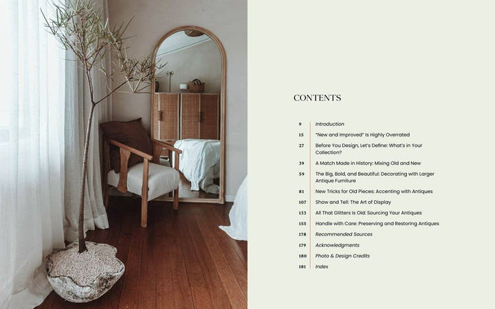 Room interior with wooden furniture and a mirror, alongside a table of contents.