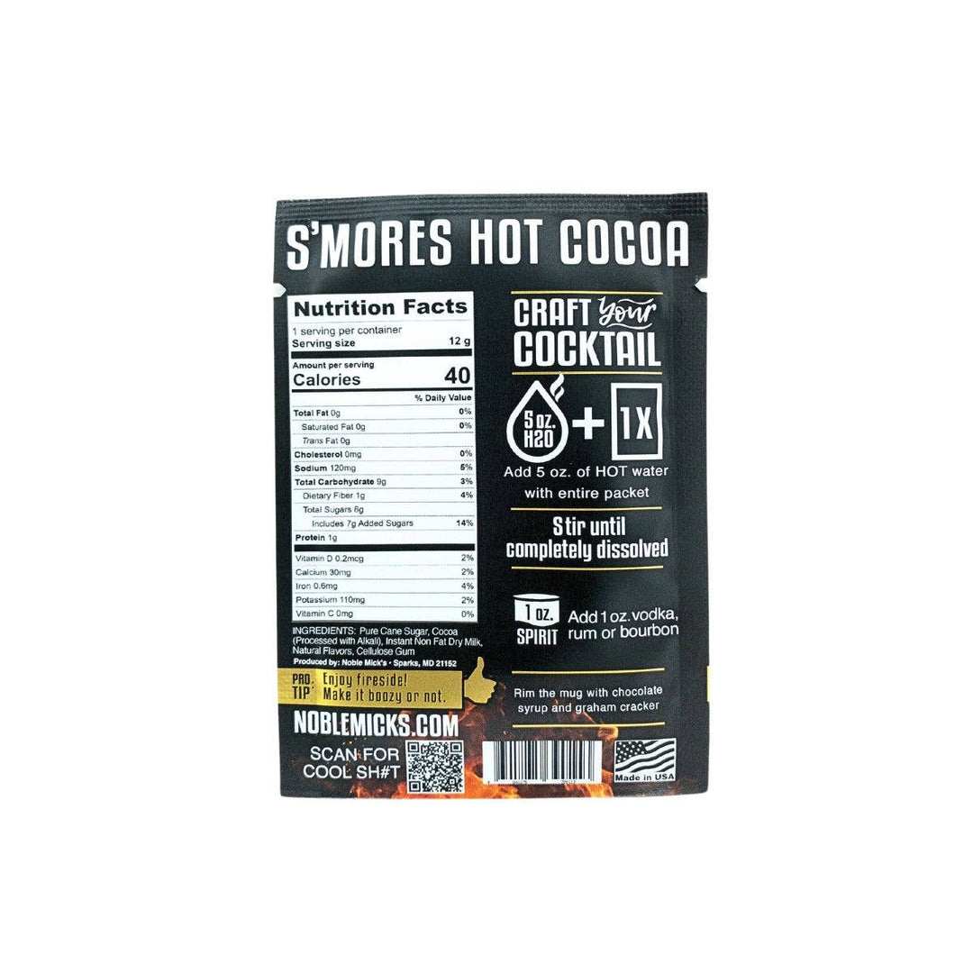 S'mores hot cocoa mix package with nutritional information on a white background