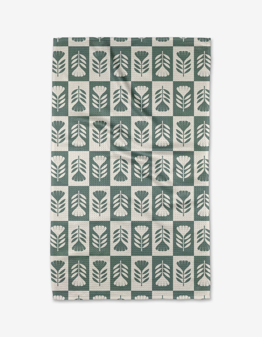 Floral patterned geometry towel with green and beige colors on a white background