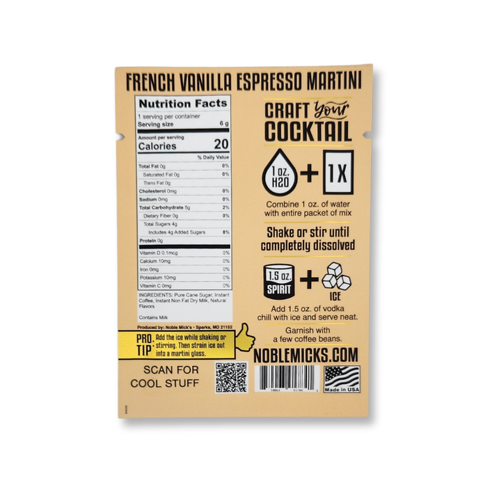 Packaged cocktail mix with nutritional information and branding on a white background