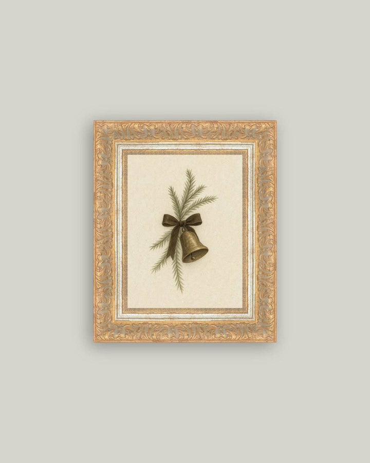 Bell with Pine Framed Antique Art: 10x12