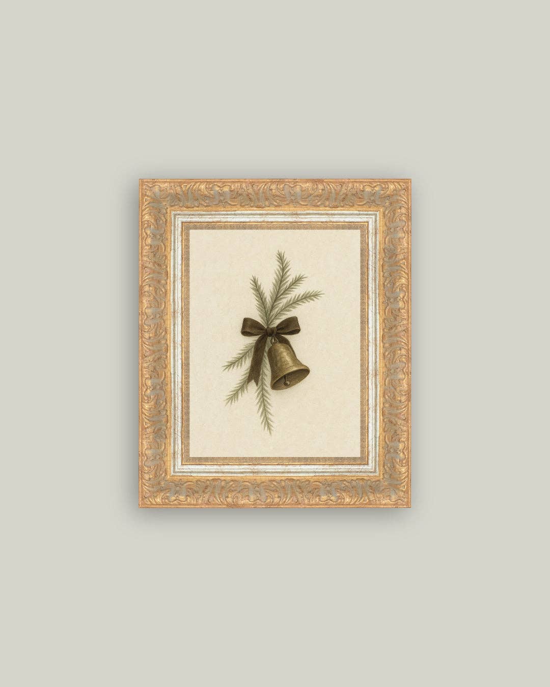 Bell with Pine Framed Antique Art: 7x9