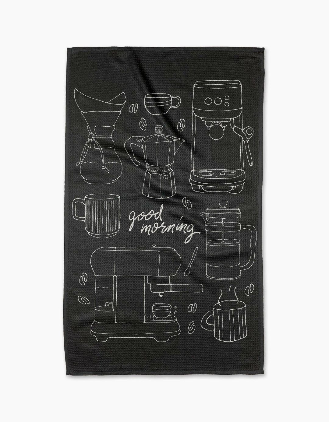 Black towel with white coffee-themed illustrations and 'good morning' text on a white background