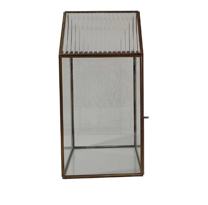 Glass display case with metal frame on a white background