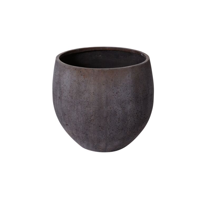 A round brown outdoor planter made from a rough textured sand rock material.