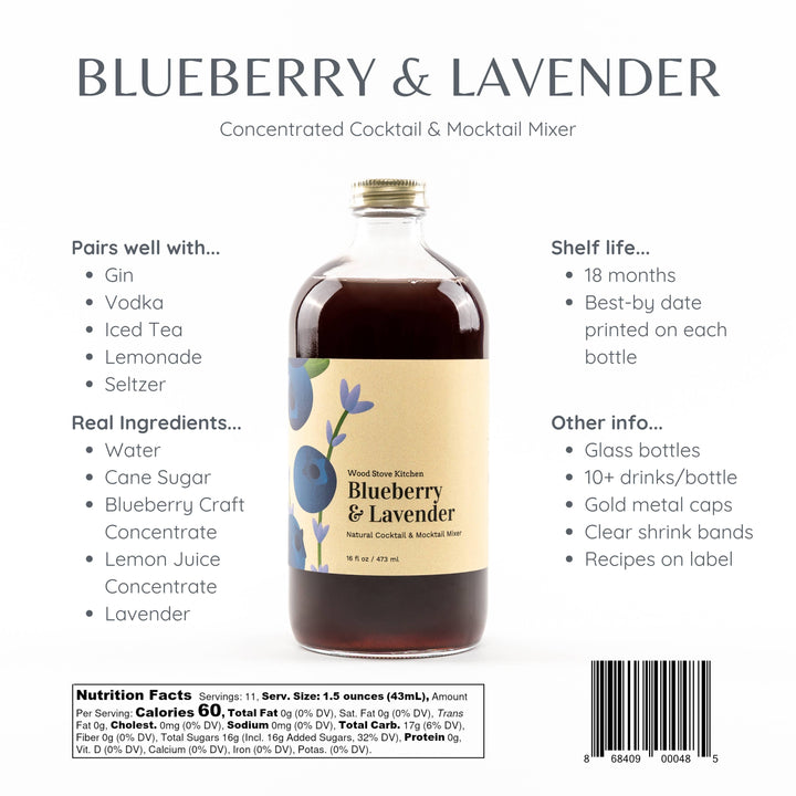 Blueberry & Lavender cocktail mixer bottle with label on a white background