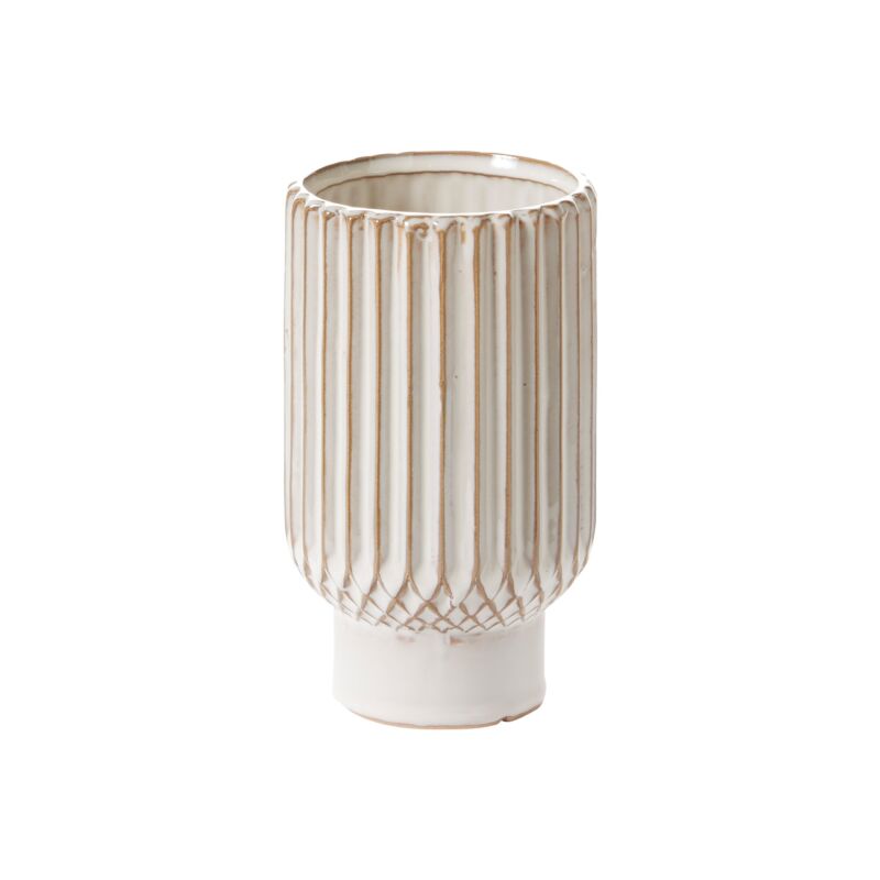 Decorative vase with ribbed design on a white background