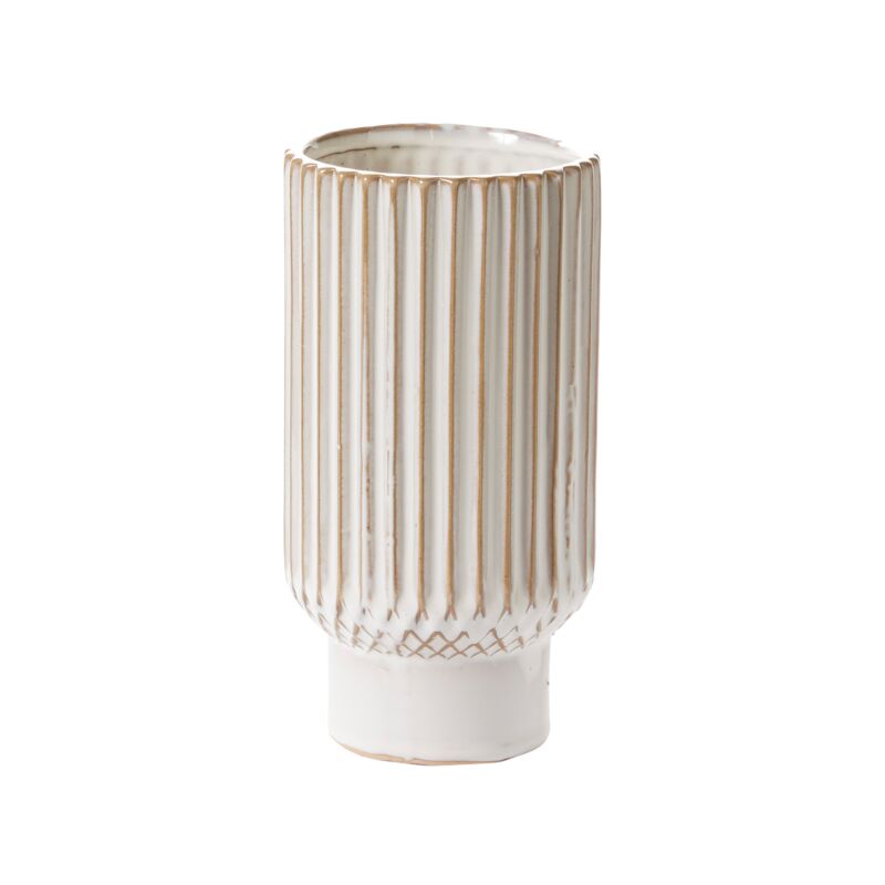 Decorative vase with vertical stripes on a white background