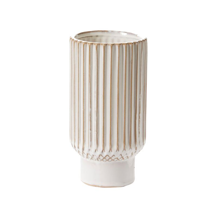 Decorative vase with vertical stripes on a white background