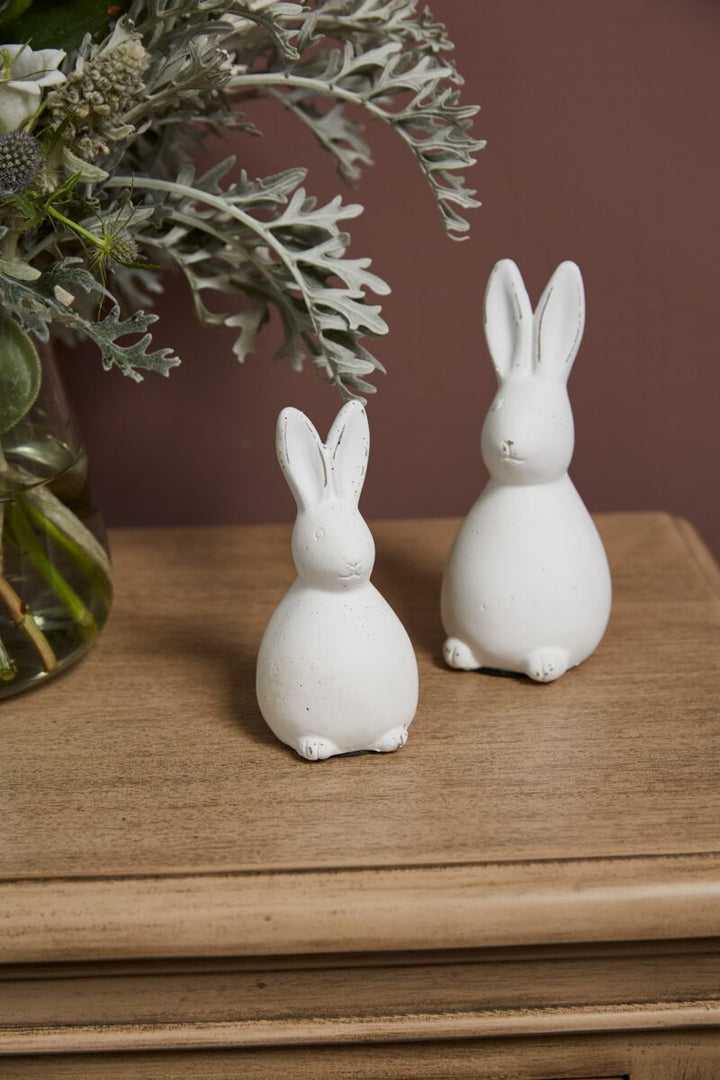 Two white rabbit figurines on a wooden surface with a plant in the background.