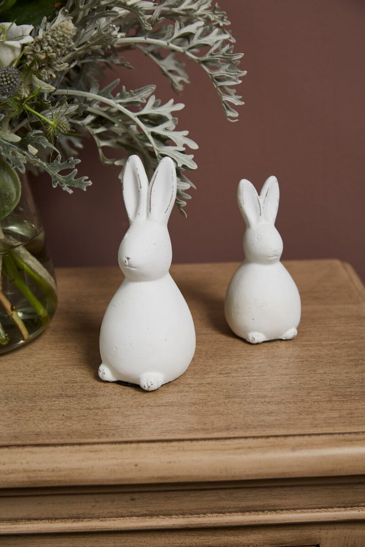 Two white rabbit figurines on a wooden surface with a plant in the background.