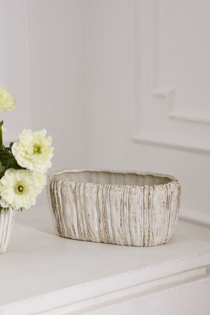 Decorative ceramic bowl on a white surface with a light gray background