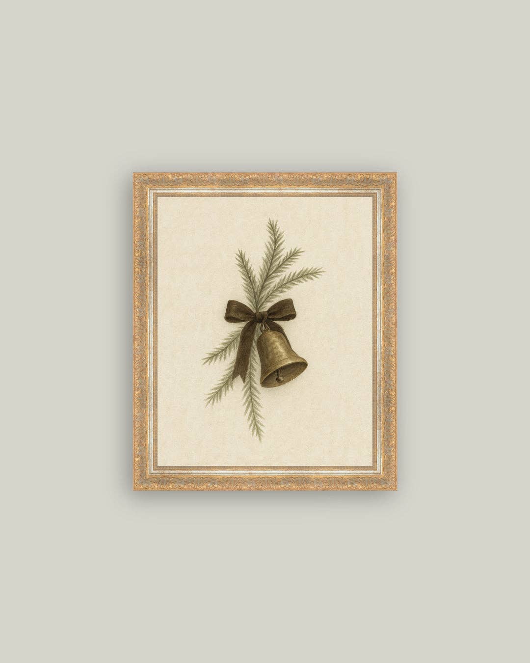 Bell with Pine Framed Antique Art: 10x12