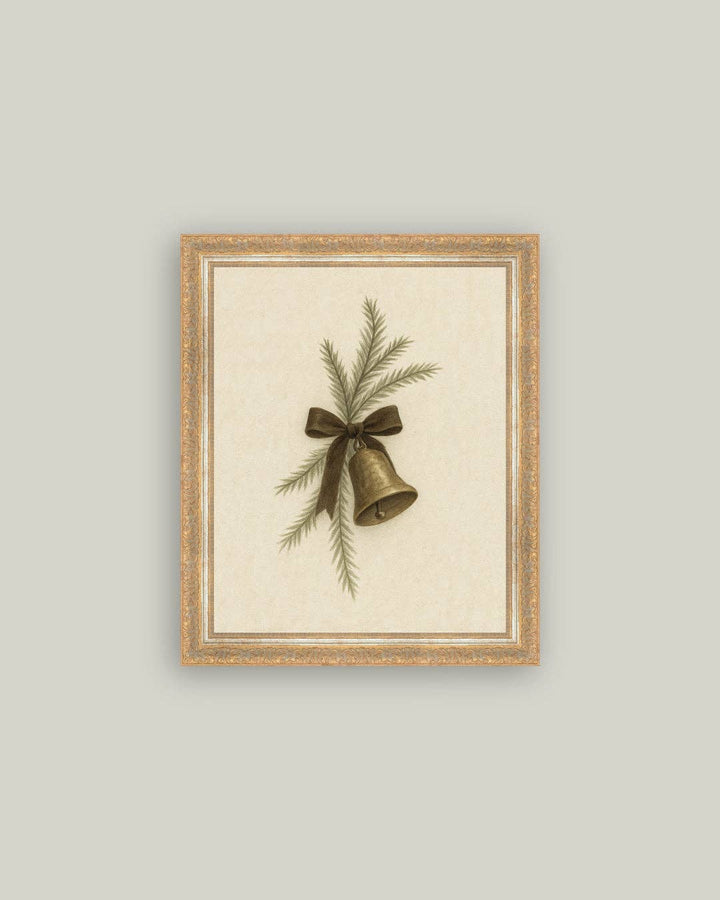 Bell with Pine Framed Antique Art: 7x9