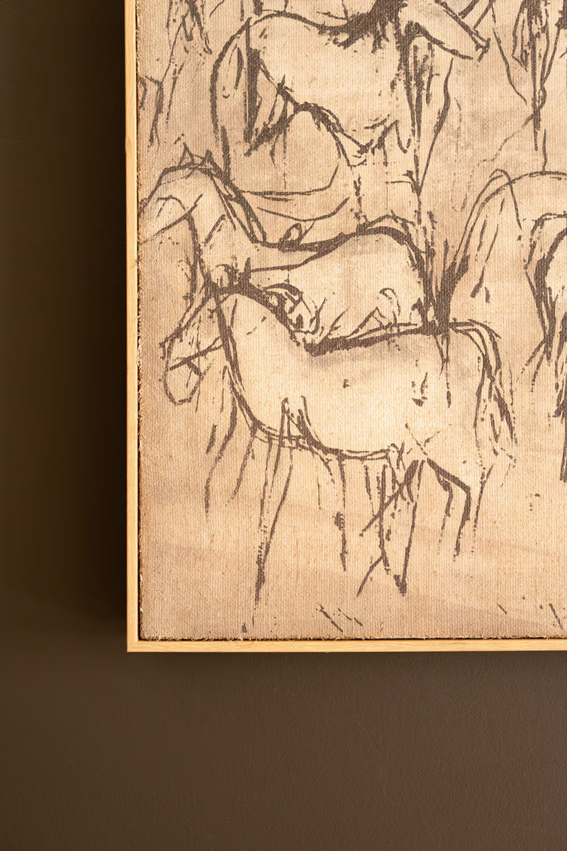 Artistic depiction of a horse on textured beige paper with a brown background