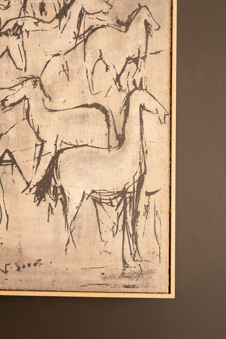 Artistic depiction of horses on a textured beige background