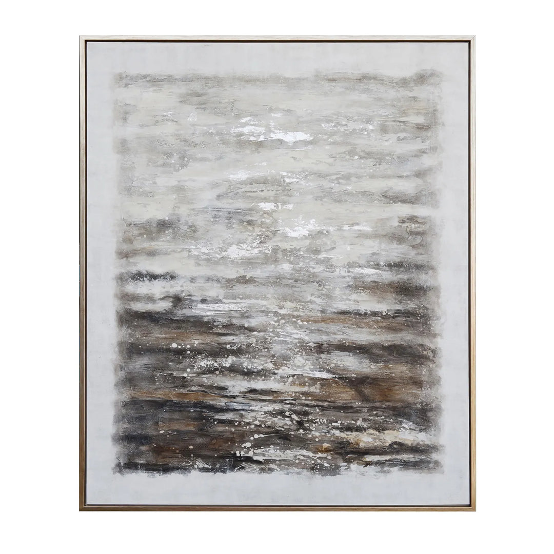 Abstract art piece with horizontal brushstrokes in brown, beige, and white 