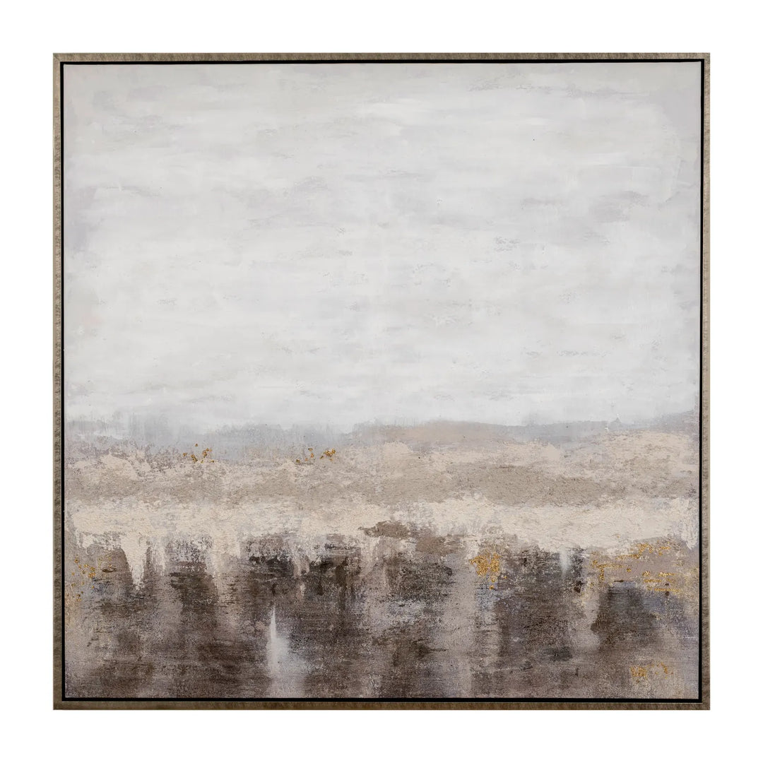 Abstract art painting with a neutral color palette in a wooden frame