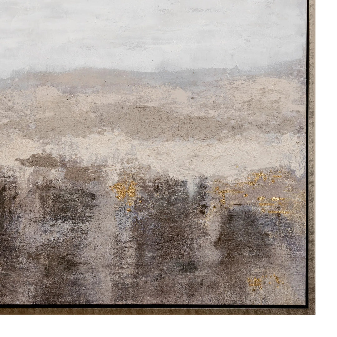 Abstract art painting with a neutral color palette in a wooden frame