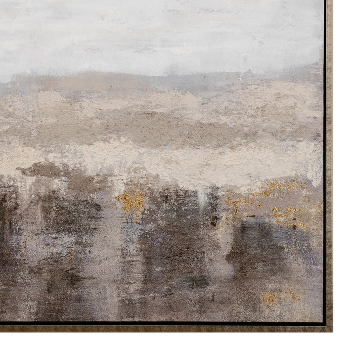 Abstract art painting with a neutral color palette in a wooden frame
