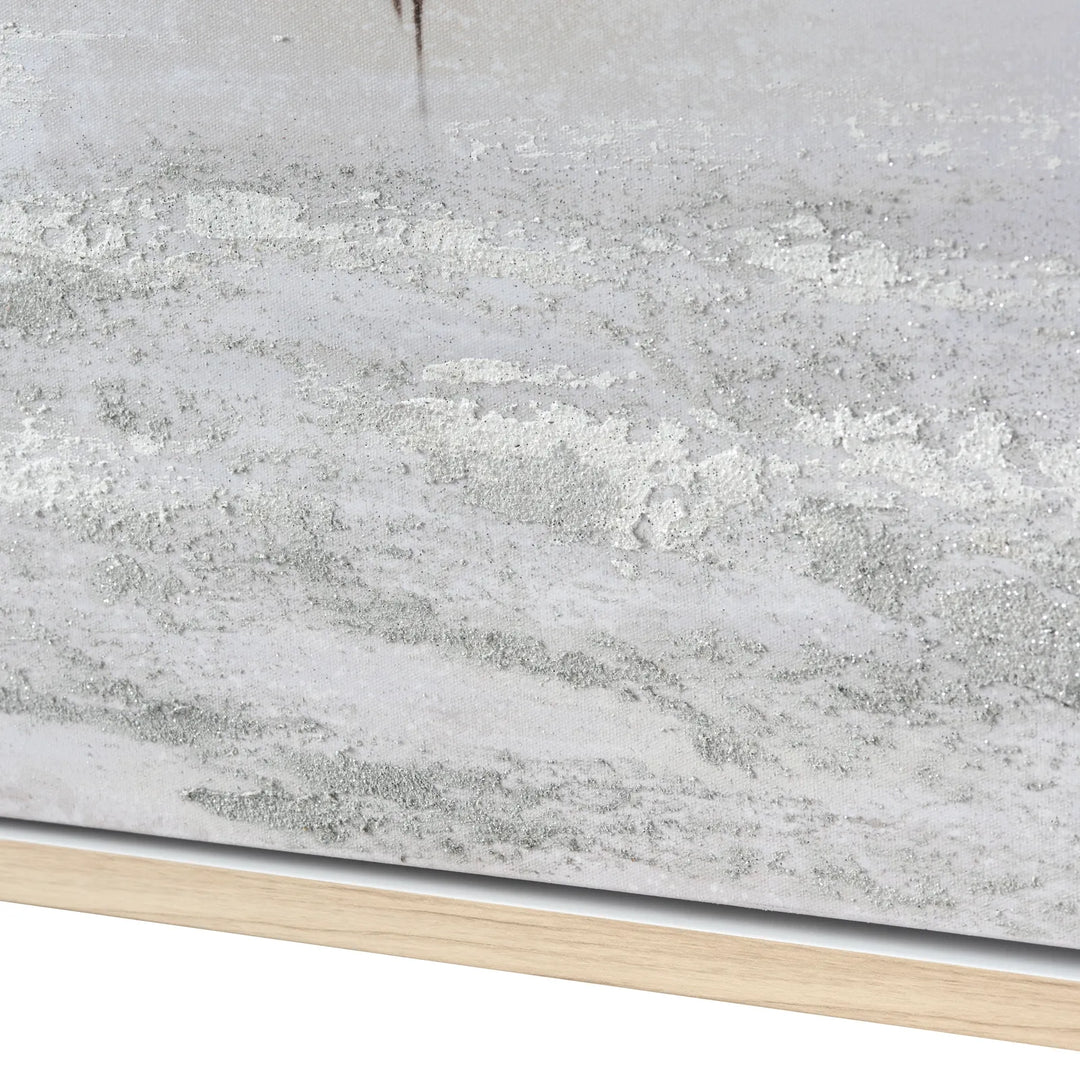 close up textured gray artwork with wooden frame