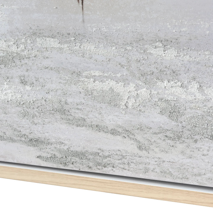 close up textured gray artwork with wooden frame