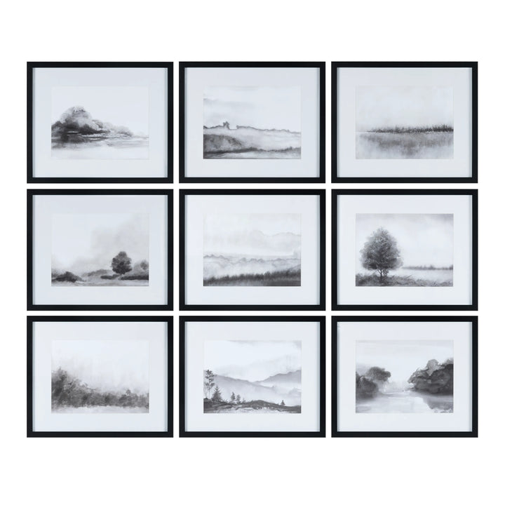Set of nine black and white landscape artworks with black frames