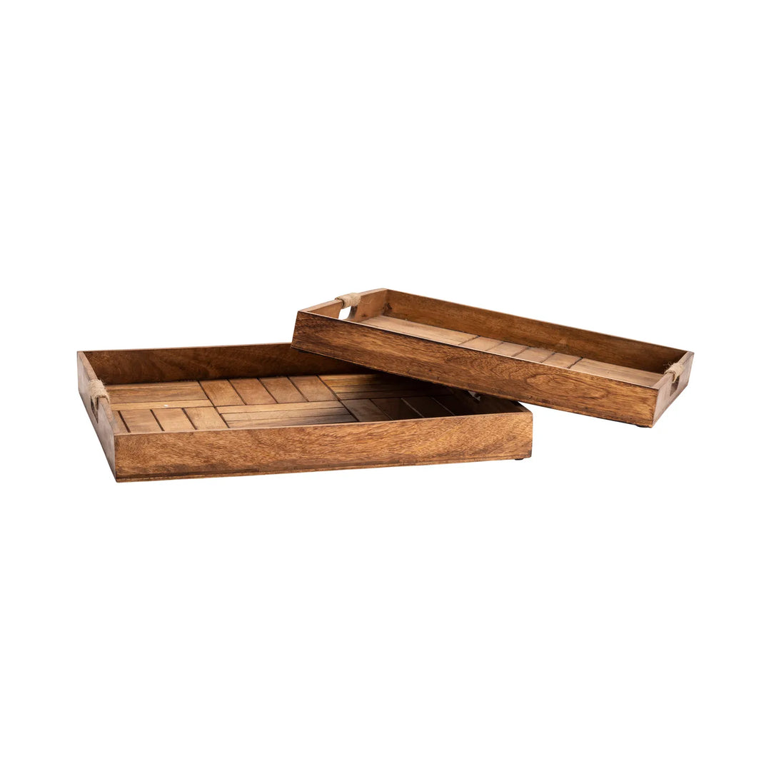 Wooden tray with handles in two sizes