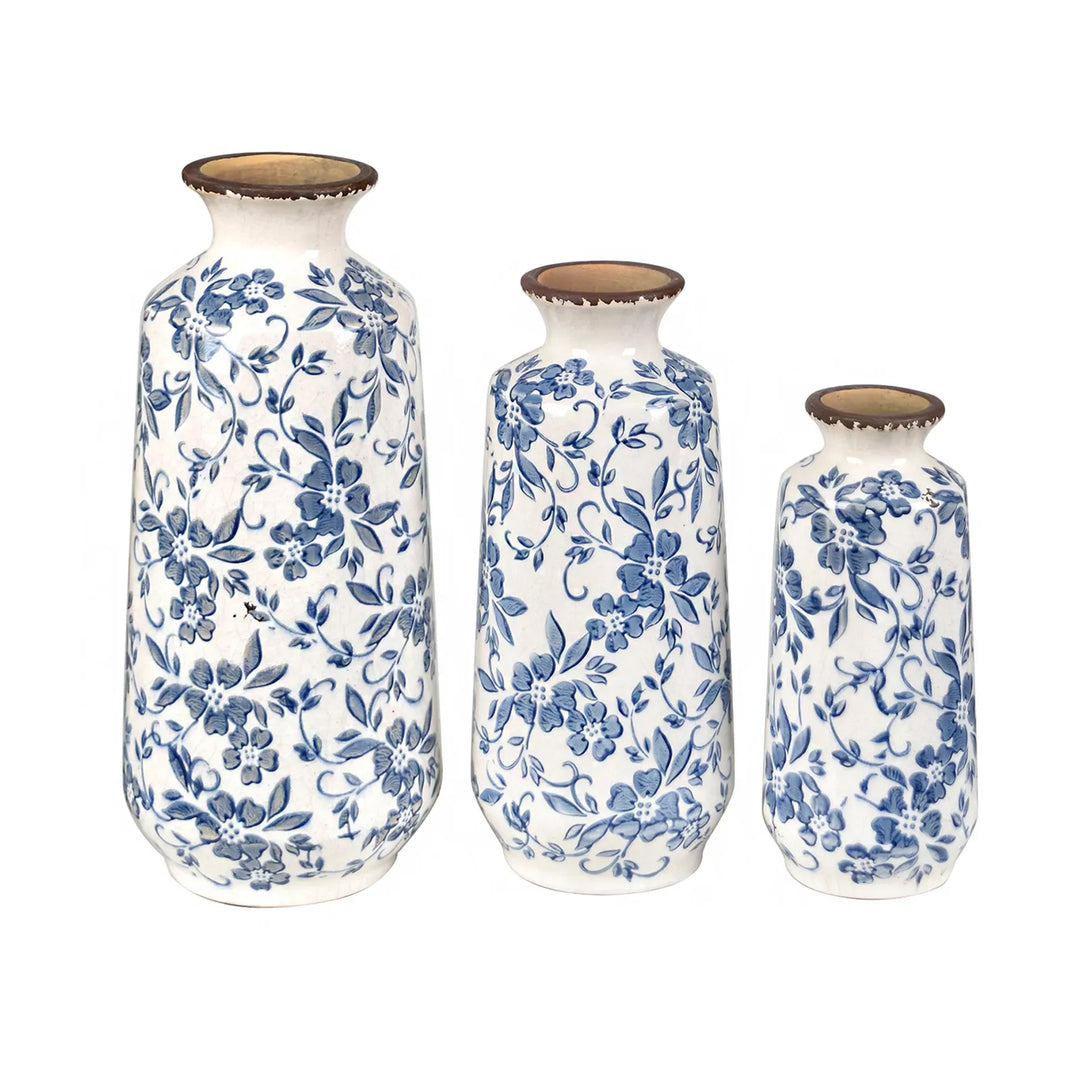 Three sizes ceramic vases with blue floral patterns 