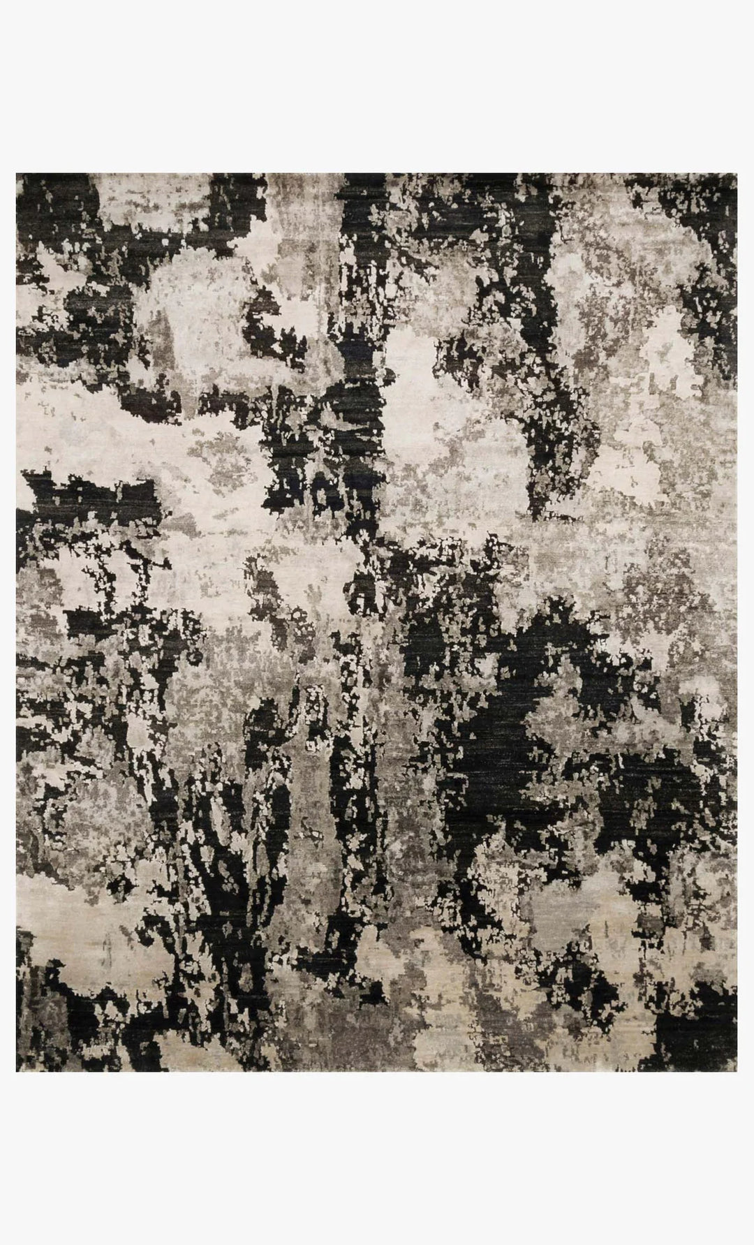 Abstract patterned rug with black, gray, and beige colors 