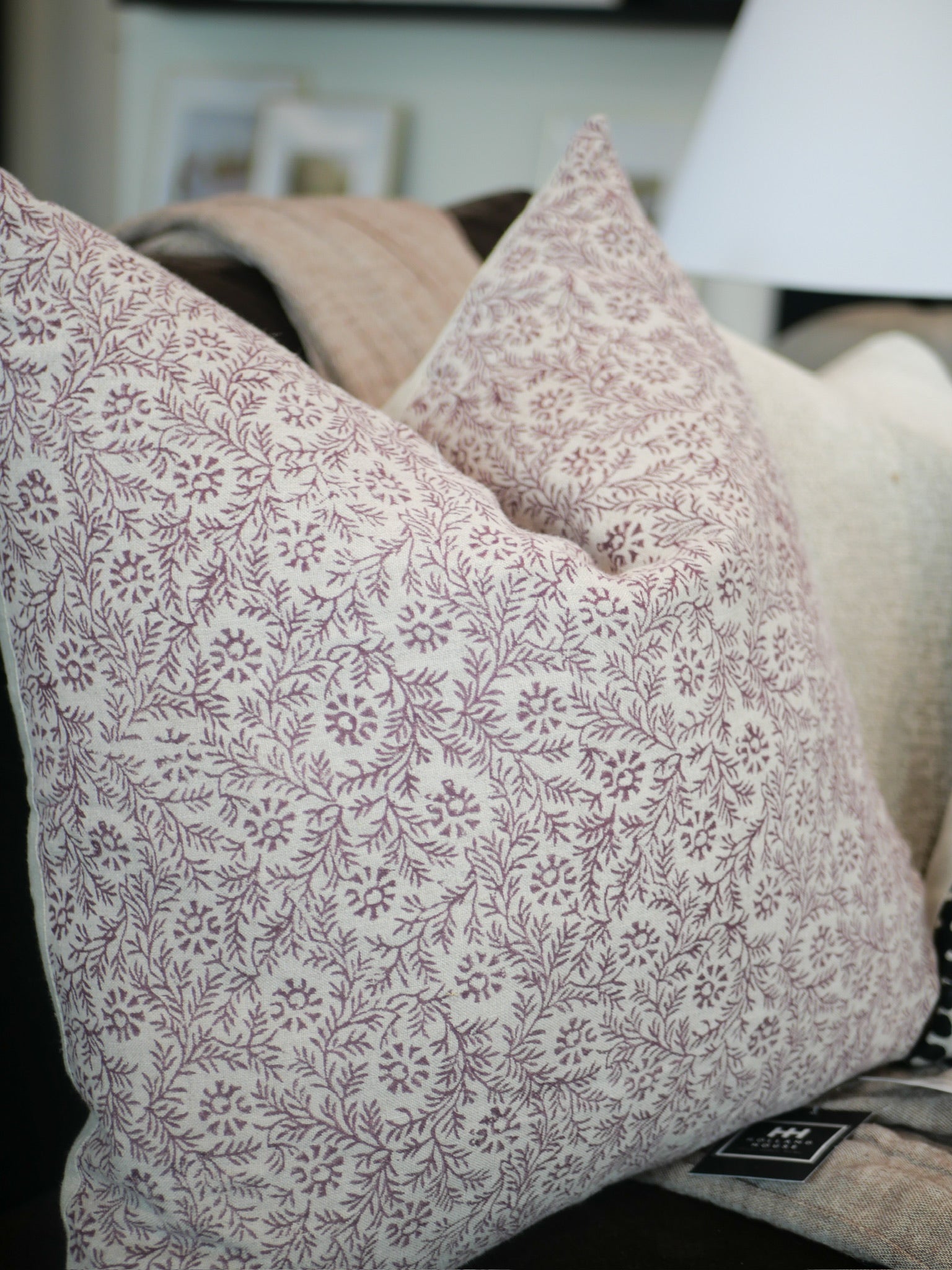 Jayne Beige w/ Merlot Print Linen Square Decorative Pillow - Thumbnail 3