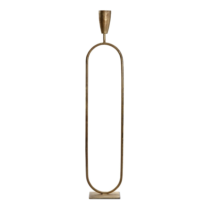 A gold-colored iron taper candle holder with a trumpet shape